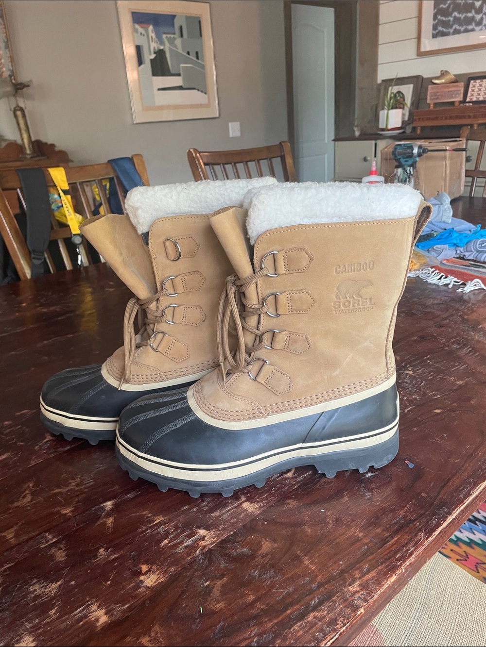 Sorel Kids Tan and Black Lace-Up Winter Boots with White Faux Fur